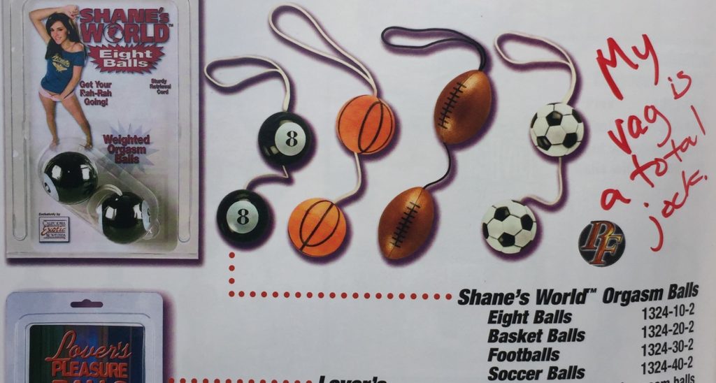 23 Shane's World Orgasm Balls kegel balls with cloth string shaped like 8 balls, basketballs, footballs, and soccer balls