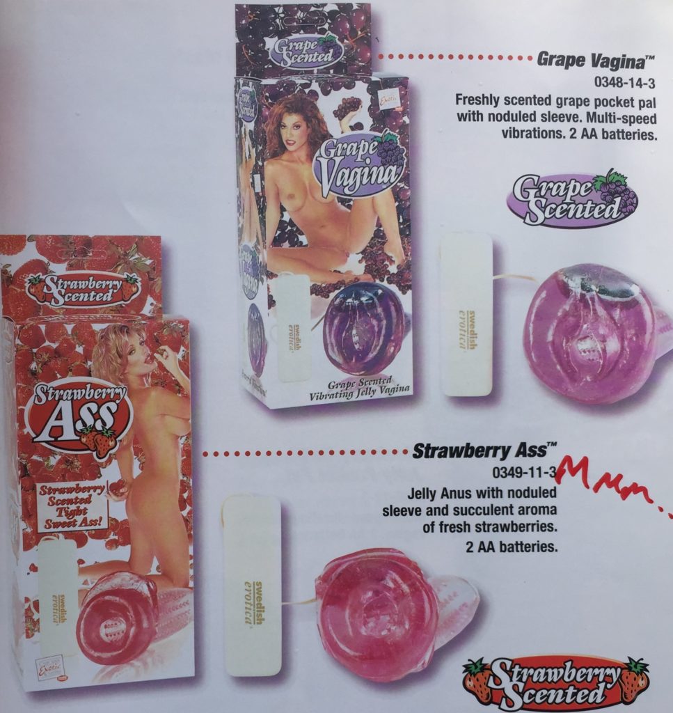 34 33 Grape Vagina Strawberry Ass two strokers, one purple, one pink, grape and strawberry scented, vibrating